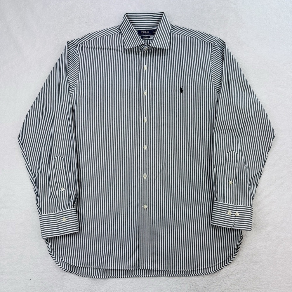 Polo Ralph Lauren Oxford Shirt Men 17 34/35 XL Black Striped Button Front L/S - Picture 2 of 8
